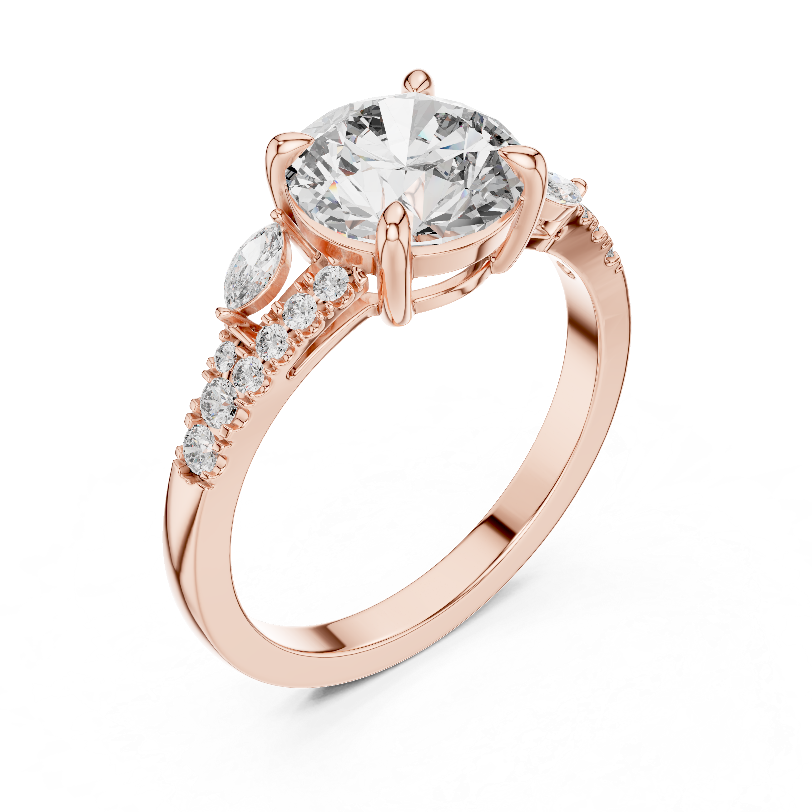 Rose gold ring with a large diamond and smaller diamonds on the band against a white background